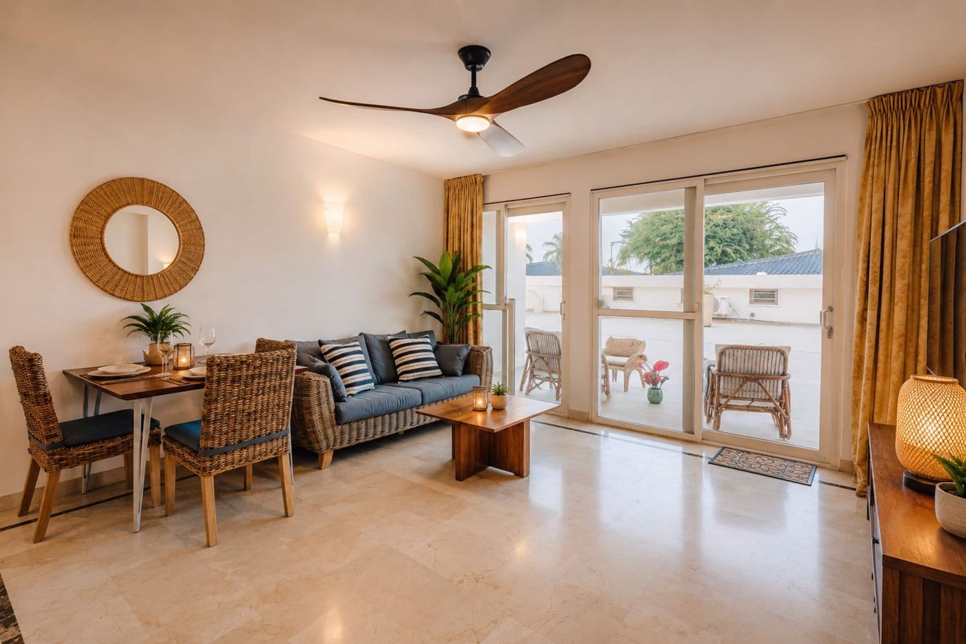 Living room with dining table and terrace doors